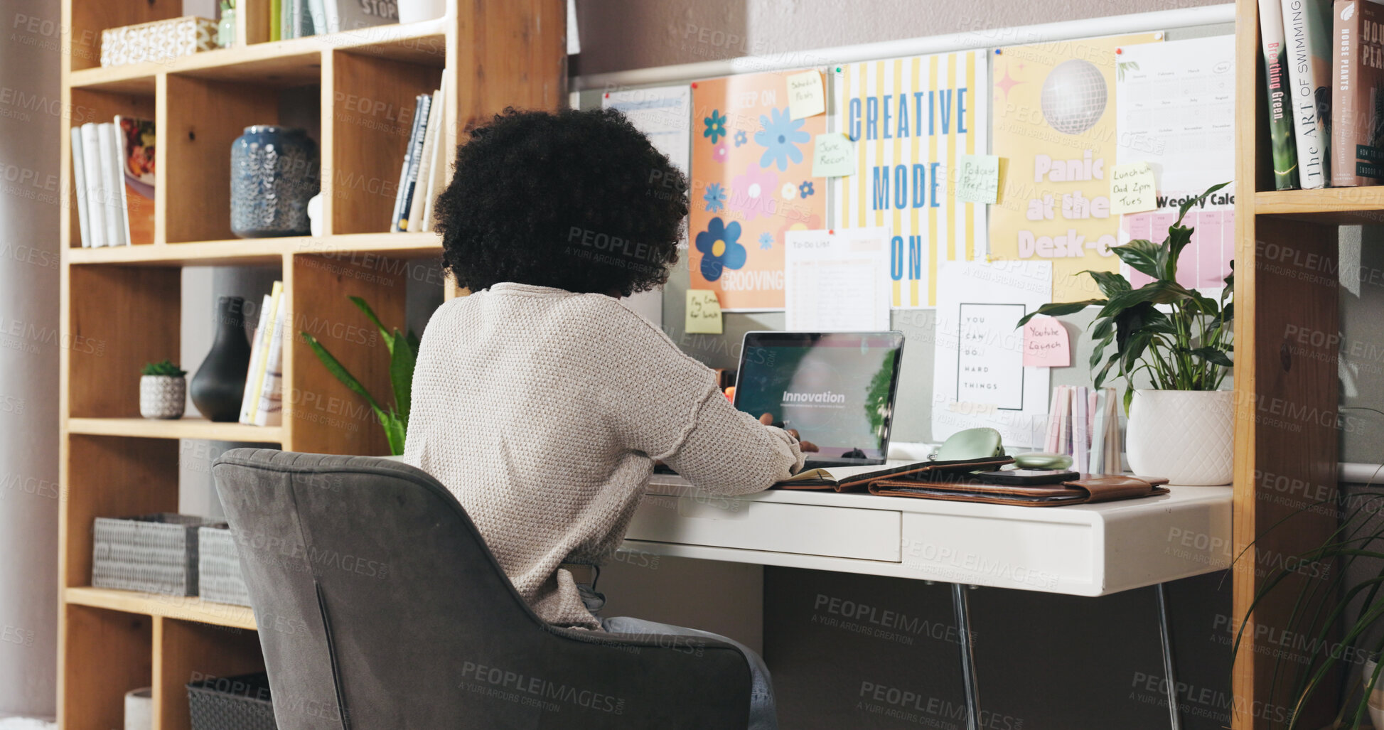 Buy stock photo Home office, laptop screen and designer woman typing for creative job, innovation or editing. Freelance work, technology and back of person with connection for schedule, brainstorming or search