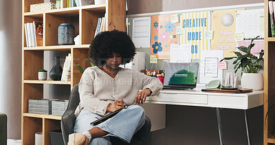 Buy stock photo Laptop, writing and freelancer with woman in home office for innovation, newsletter subscription or planning. Blog writer, remote worker and copywriting editor with person in apartment for publishing