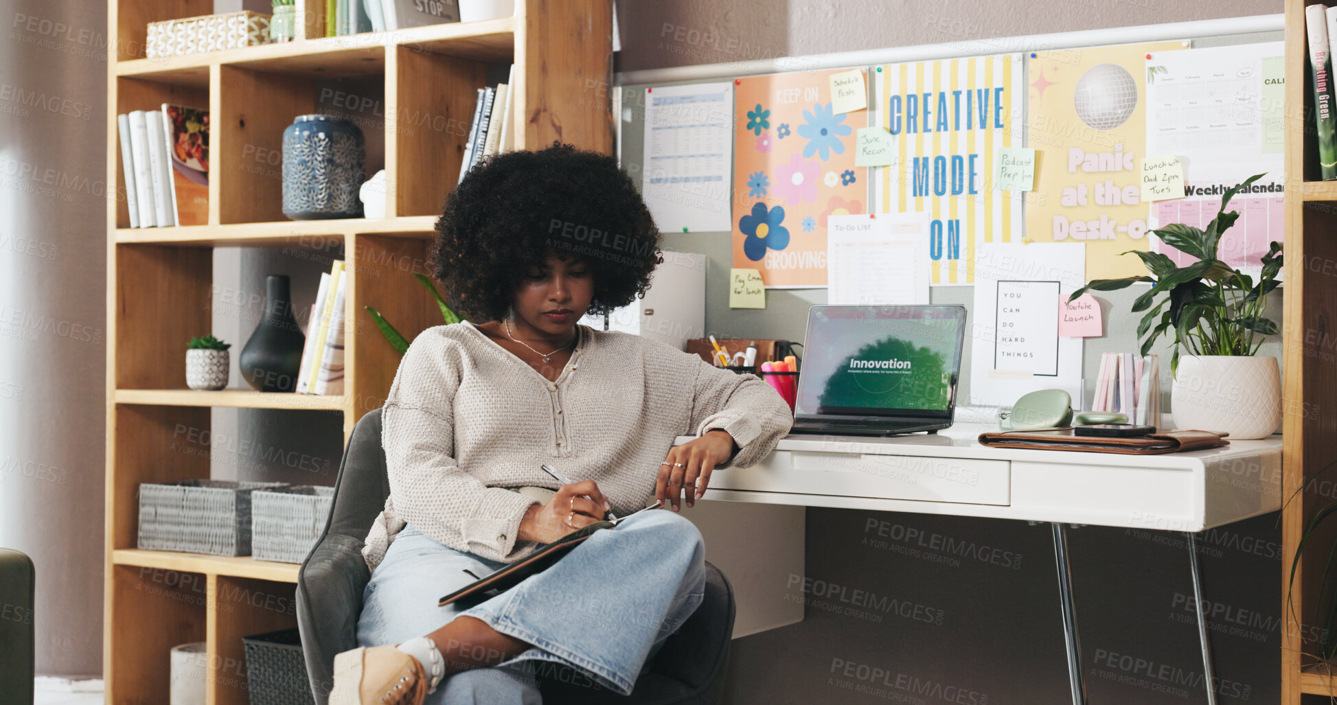 Buy stock photo Laptop, writing and freelancer with woman in home office for innovation, newsletter subscription or planning. Blog writer, remote worker and copywriting editor with person in apartment for publishing