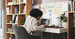 Home office, laptop screen and designer woman planning for creative job, innovation or editing. Freelance work, technology and african person with connection for schedule, brainstorming or search