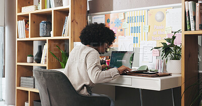 Buy stock photo Home office, laptop screen and designer woman planning for creative job, innovation or editing. Freelance work, technology and african person with connection for schedule, brainstorming or search