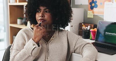 Buy stock photo Laptop, vision and freelancer with woman in home office for thinking, newsletter innovation and reflection. Blog writer, remote worker and copywriting idea with person in apartment for publishing