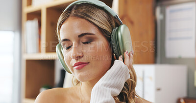 Buy stock photo Music, relax and remote work with woman in home office for small business or startup career. Break, headphones and streaming radio with freelance employee listening to audio in apartment for wellness