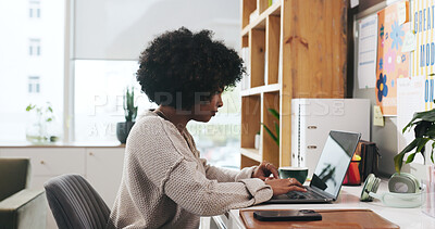 Buy stock photo Laptop, typing and freelancer with woman in home office for research, newsletter subscription and planning. Blog writer, remote worker and copywriting editor with person in apartment for publishing