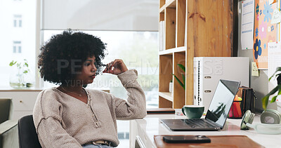 Buy stock photo Home office, laptop and woman thinking of idea for creative job, blog post or editing. Freelance work, technology and African person with connection for content creation, planning or pensive