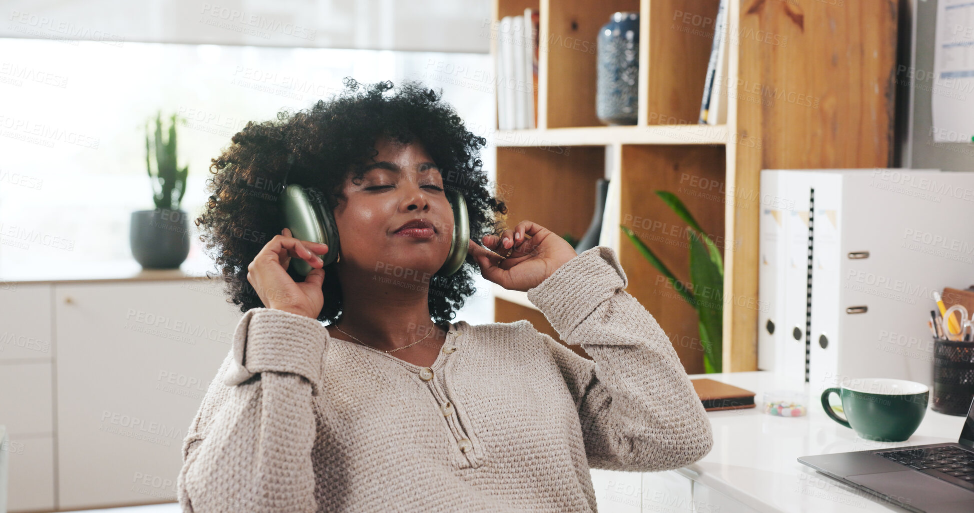 Buy stock photo Break, music and remote work with woman in home office for small business or startup career. Headphones, relax and streaming radio with African freelance employee listening to audio in apartment