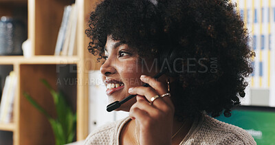 Buy stock photo Happy, black woman and consultant with headset in home for online advice or communication. Female person, agent or remote work with smile or mic for virtual assistance, customer support in house