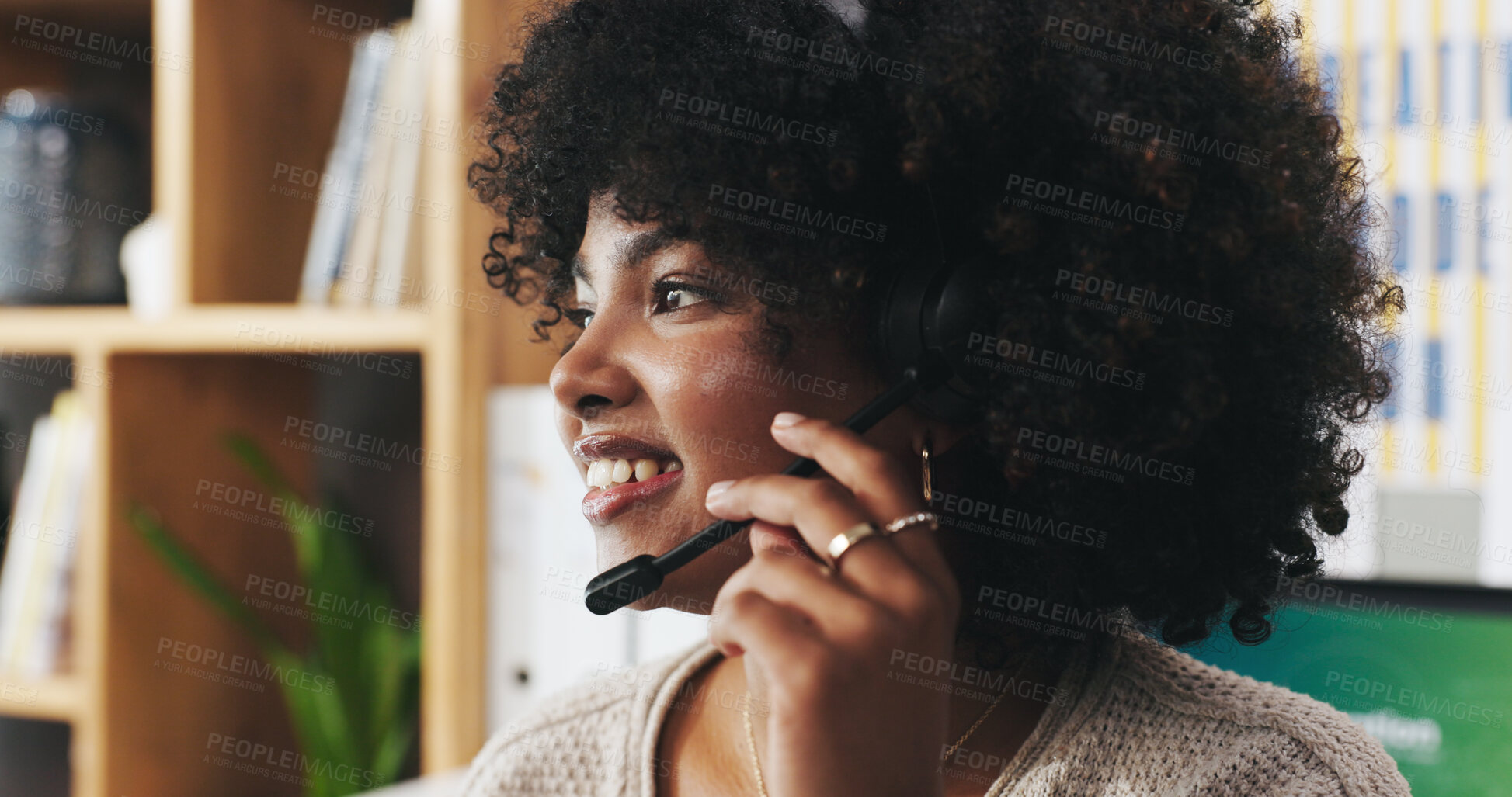 Buy stock photo Happy, black woman and consultant with headset in home for online advice or communication. Female person, agent or remote work with smile or mic for virtual assistance, customer support in house