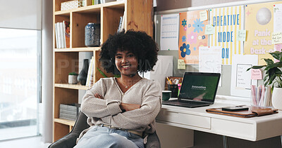 Buy stock photo Laptop, portrait and arms crossed with woman in home office for research, newsletter subscription and innovation. Blog writer, remote worker and creative editor with happy person in apartment