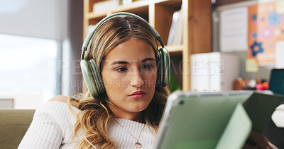 Buy stock photo Woman, rest and headphones with tablet at house for streaming, social media and listening to music. Female person, digital and browsing for movie search, film audio and playlist sound in living room