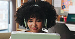 African woman, headphones and tablet at house for streaming, social media and listening to music. Happy, female person and relax with digital for movie search, film audio and playlist sound on couch