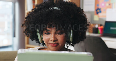 Buy stock photo African woman, headphones and tablet at house for streaming, social media and listening to music. Happy, female person and relax with digital for movie search, film audio and playlist sound on couch