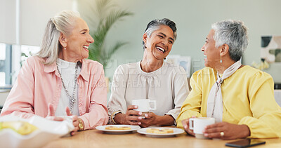Buy stock photo Women, meeting or gossip in home with tea, laughing or together for catch up session. Happy, female friends or conversation in kitchen with communication, discussion or bonding for connection.