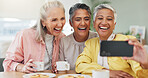 Selfie, laughing and senior woman with phone, tea party and friendship for happy bonding memory. Cheerful, elderly people and picture for retirement reunion with technology, love and smile together