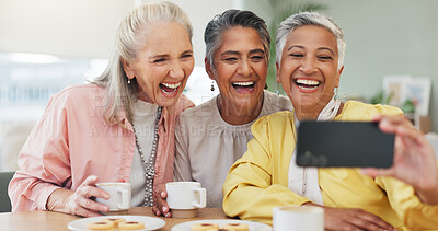 Buy stock photo Selfie, laughing and senior woman with phone, tea party and friendship for happy bonding memory. Cheerful, elderly people and picture for retirement reunion with technology, love and smile together