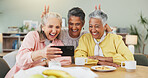 Bunny ears, coffee and selfie with senior friends in dining room of home together for funny memories. Beverage, emoji and photograph with old people laughing in apartment for bonding or social media