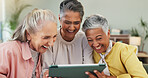 Laughing, senior and friends in nursing home with tablet, entertainment and funny online post. Happy, elderly women or people in retirement center with technology, video streaming or internet comedy
