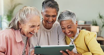 Buy stock photo Laughing, senior and friends in nursing home with tablet, entertainment and funny online post. Happy, elderly women or people in retirement center with technology, video streaming or internet comedy