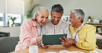 Laughing, senior and women in nursing home with tablet, entertainment and funny online post. Happy, elderly and female people in retirement center with technology, video streaming or internet comedy