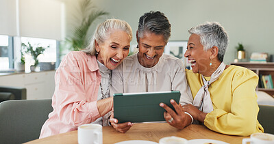 Buy stock photo Laughing, senior and women in nursing home with tablet, entertainment and funny online post. Happy, elderly and female people in retirement center with technology, video streaming or internet comedy