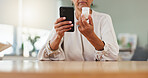 Hands, woman or search pills with phone in home for prescription, side effects or medication benefits. Person, mobile app or reading tablet label in house for dosage instruction or online ingredients