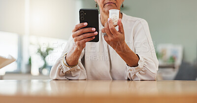 Buy stock photo Hands, woman or search pills with phone in home for prescription, side effects or medication benefits. Person, mobile app or reading tablet label in house for dosage instruction or online ingredients