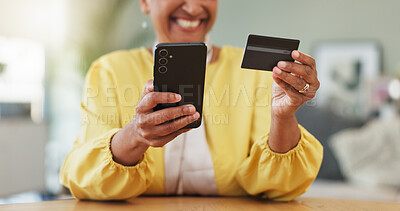Buy stock photo Hands, smartphone and credit card in home with online shopping, bills or happy for easy payment on web. Person, phone and smile for discount, sale and fintech for e commerce with mobile app in house