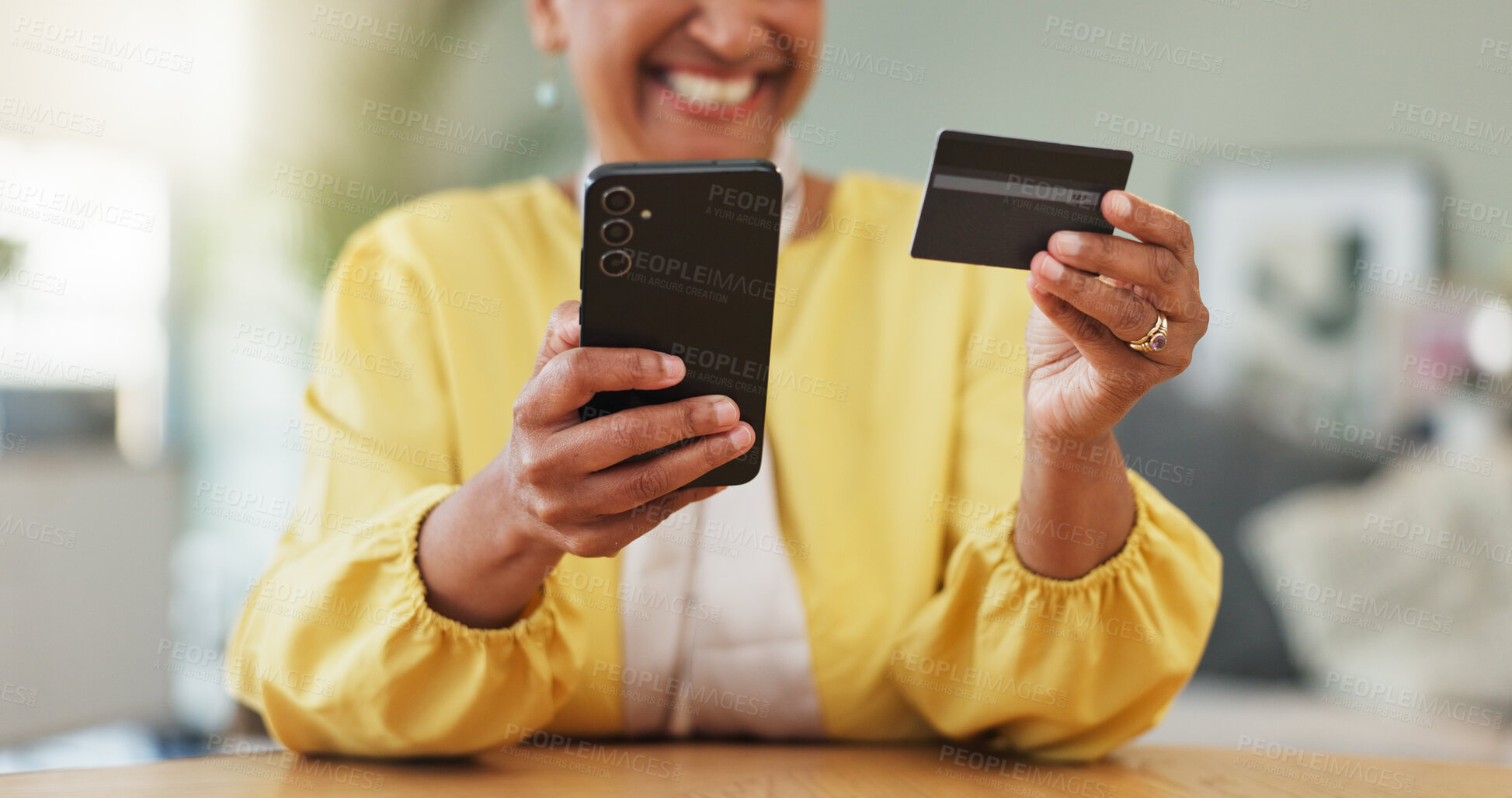 Buy stock photo Hands, smartphone and credit card in home with online shopping, bills or happy for easy payment on web. Person, phone and smile for discount, sale and fintech for e commerce with mobile app in house