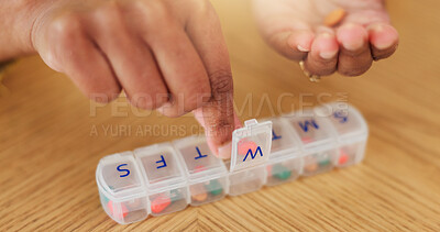 Buy stock photo Sorting, daily pills and hands with box for healthcare, prescription treatment and chronic medicine. Vitamin, tablets and person with space for medical drugs, capsule and supplements organization