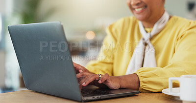Buy stock photo Remote work, laptop and hands of woman in cafe with research, planning or editing blog project. Coffee shop, typing and online freelancer with social media, communication or restaurant review