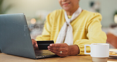 Buy stock photo Hands, laptop and credit card in home with online shopping, bills and happy for easy payment on website. Person, computer and smile for discount, sale and fintech for e commerce deal at apartment