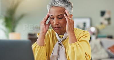 Buy stock photo Headache, stress and mature woman in crisis with laptop, debt or financial problem in retirement. Frustrated, pensioner or email at home with unpaid bills, expenses or planning on internet for future