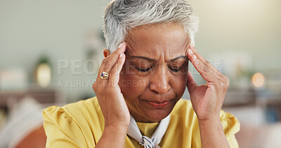 Buy stock photo Mature woman, headache and stress in office with fatigue, brain fog or frustrated at media company. Person, migraine and eyes closed with pain, burnout or massage temple for relief at creative agency