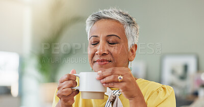 Buy stock photo Thinking, senior and woman with coffee for smell, happy memory or nostalgia in living room. Thoughtful, elderly or female person with herbal tea for aroma, morning reflection or contemplation in home