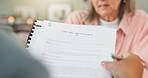 Lawyer, documents or contract with senior for testament, last will or legal agreement of property. Attorney, client or elderly woman with paperwork or statement for asset management or finance advice