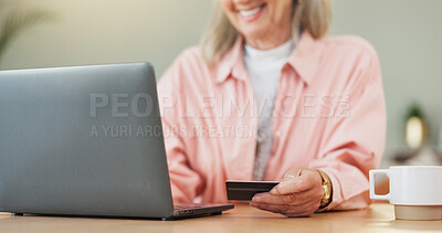Buy stock photo Senior woman, hands and laptop with credit card for online shopping, payment or banking in home. Female person, elderly or shopper with smile on computer for ecommerce or remote purchase in house