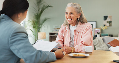 Buy stock photo Senior woman, lawyer and documents with contract for testament, legal advice or last will in home. Elderly, female person or attorney with paperwork for consultation, policy or agreement in house