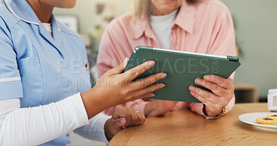 Buy stock photo Tablet, caregiver and hands of elderly woman in home for report, assisted living or check results. Nurse, senior patient and technology for medical news, conversation or healthcare in retirement