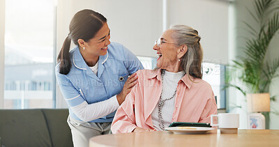 Buy stock photo Happy, nurse and comfort old woman at house for support, assurance and good news of diagnosis. Smile, caregiver and senior person for checkup, medical assistance and compassion with healthcare advice