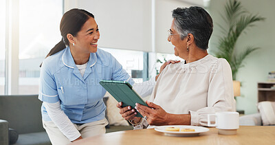 Buy stock photo Tablet, nurse and talk to senior woman in home for help, funny joke or assistance at breakfast. Happy caregiver, elderly patient and tech for medical news, healthcare support or laugh in retirement