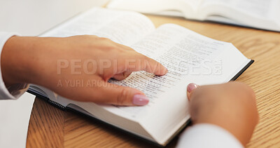 Buy stock photo Woman, reading and bible in home with closeup study, faith and religion for spiritual journey. Peace, person and christian in house with devotion, gospel book and scripture meditation for comfort.