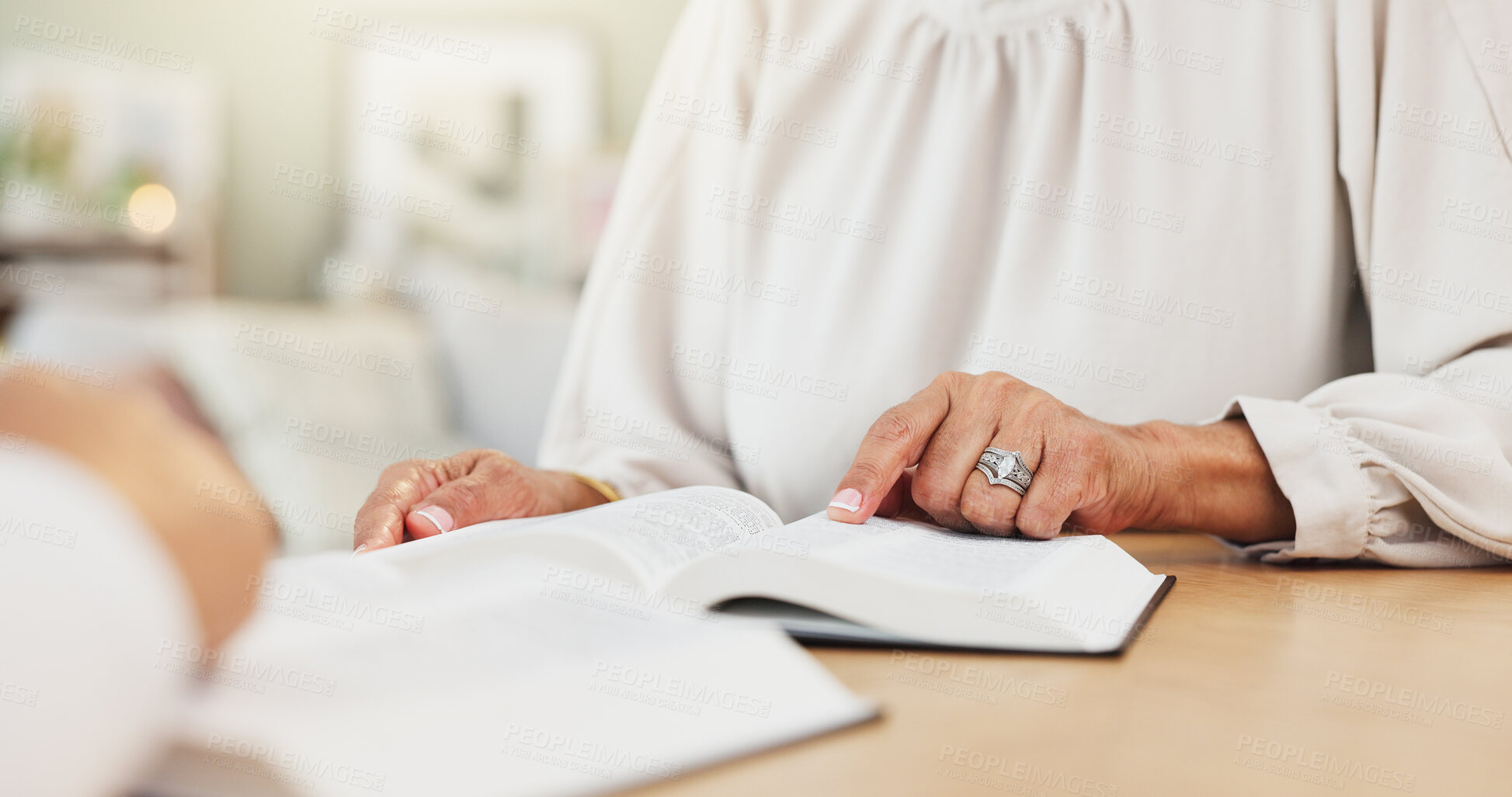 Buy stock photo Hands, Bible study and people worship for religion, reading scripture or trust in God with story. Faith group, mature person and spiritual with holy book, learn Christian literature or gospel in home