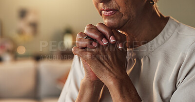 Buy stock photo Hands, hope and prayer with senior woman in living room of home for belief, confession or religion. Faith, trust and worship with old Christian person praying to God or Jesus for gratitude and peace