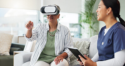 Buy stock photo Medical, tablet or virtual reality with nurse and old woman in home for cognitive rehabilitation. App, healthcare or vr headset with caregiver and senior patient in apartment for reminiscence therapy
