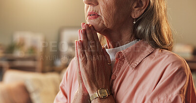 Buy stock photo Faith, hands and prayer with senior woman in living room of home for belief, confession or religion. Hope, trust and worship with old Christian person praying to God or Jesus for gratitude and peace