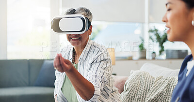 Buy stock photo Nurse, senior woman or virtual reality in nursing home for cognitive simulation or development. Doctor, elderly or female person in retirement center with VR, 3d technology or futuristic healthcare
