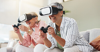 Buy stock photo VR, video game and senior women on sofa with 3d technology, controller and fun in living room. Happy, friends and female people on couch in home with gaming console, virtual reality or AI simulation