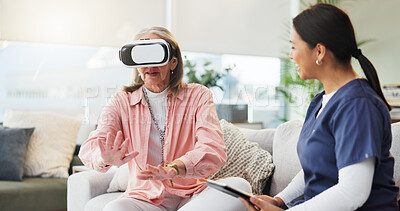 Buy stock photo Doctor, senior woman or virtual reality in nursing home for cognitive simulation or healthcare. Nurse, elderly or female person in retirement center with VR, 3d technology or futuristic patient care