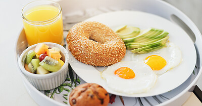 Buy stock photo Nutrition, health and breakfast on platter with food, protein or vitamin benefits in balanced diet. Wellness, meal and hospitality on plate with fruit, orange juice or hydration boost in antioxidant