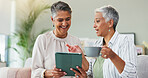 Coffee, senior and women in retirement home with tablet, gossip and funny conversation in video call. Smile, elderly and female people bonding with technology, tea and chat in online discussion